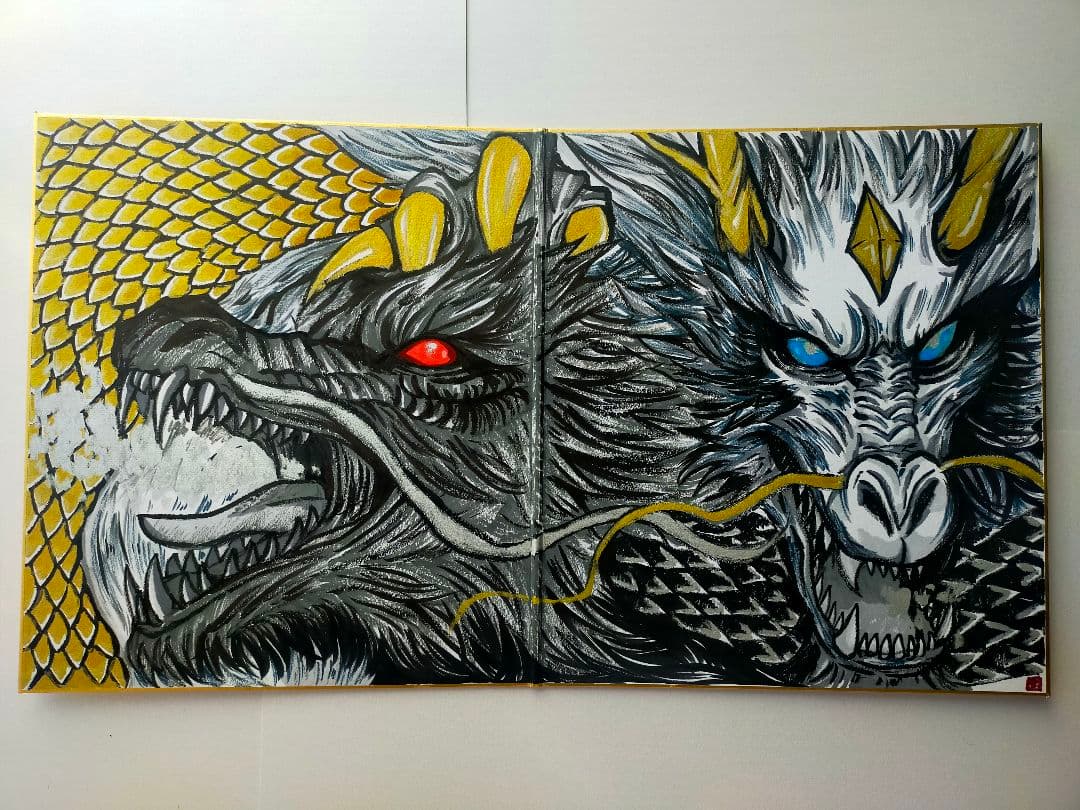 【真筆一点物】双龍図 - 昇運黒龍（二つ折り大色紙/筆ペン一発描き/肉筆画）