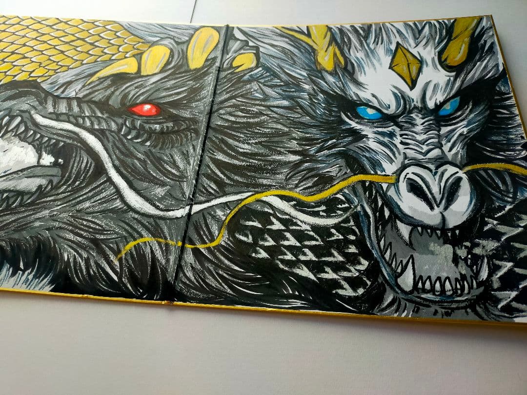 【真筆一点物】双龍図 - 昇運黒龍（二つ折り大色紙/筆ペン一発描き/肉筆画）