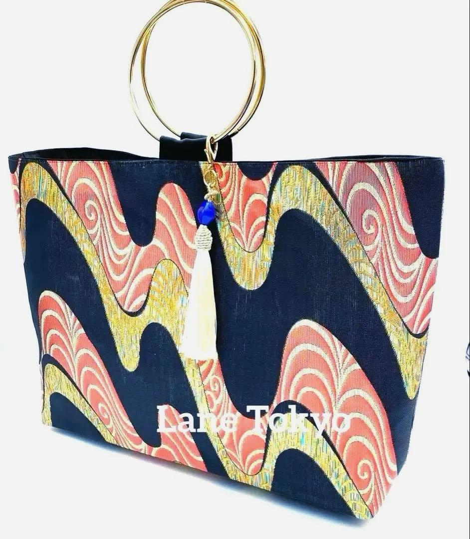 黒と赤　流水紋　帯リメイクバッグ　浴衣　着物