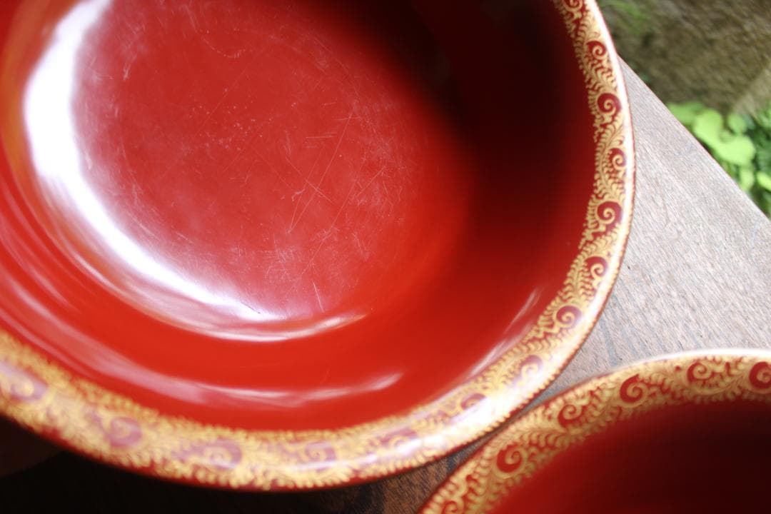 時代逸品！時代金縁朱漆に優美な葡萄唐草沈金の映える三つ組み大鉢（検輪島塗菓子鉢