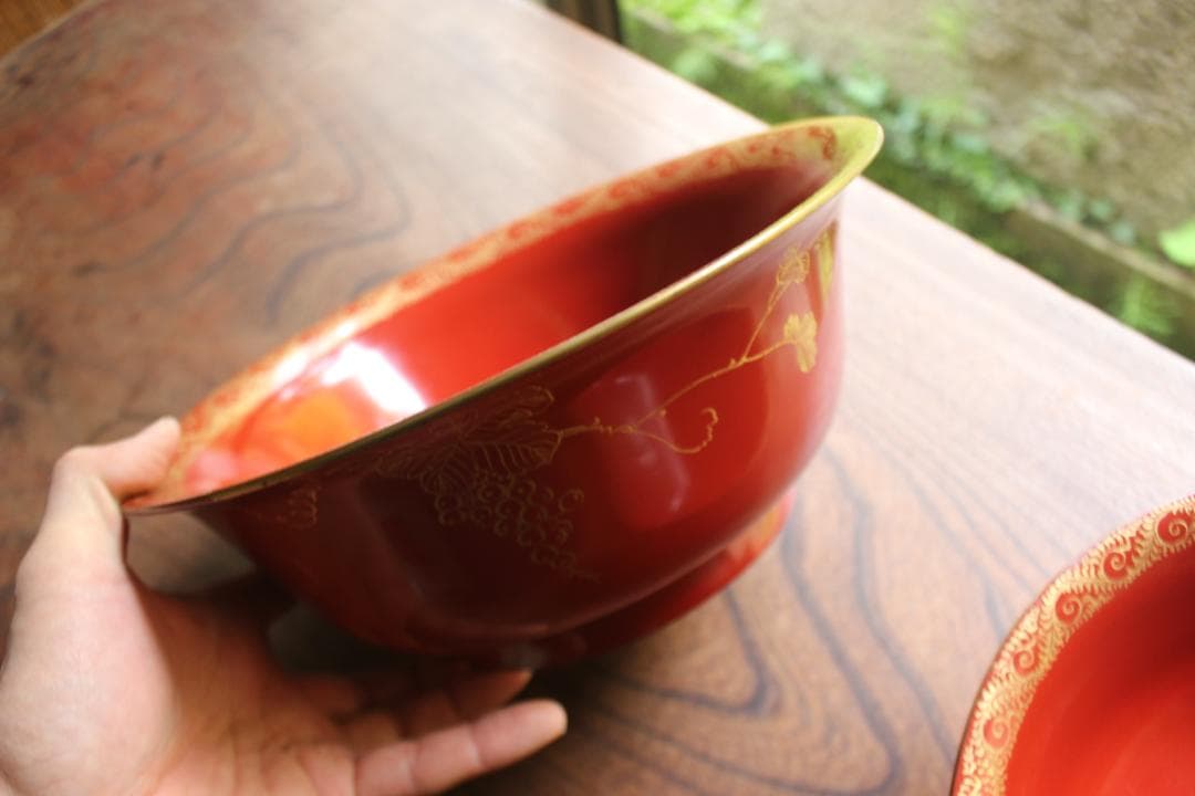 時代逸品！時代金縁朱漆に優美な葡萄唐草沈金の映える三つ組み大鉢（検輪島塗菓子鉢