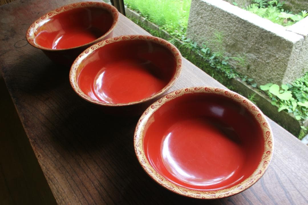 時代逸品！時代金縁朱漆に優美な葡萄唐草沈金の映える三つ組み大鉢（検輪島塗菓子鉢