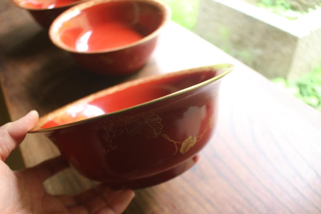 時代逸品！時代金縁朱漆に優美な葡萄唐草沈金の映える三つ組み大鉢（検輪島塗菓子鉢