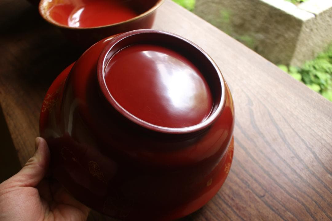 時代逸品！時代金縁朱漆に優美な葡萄唐草沈金の映える三つ組み大鉢（検輪島塗菓子鉢