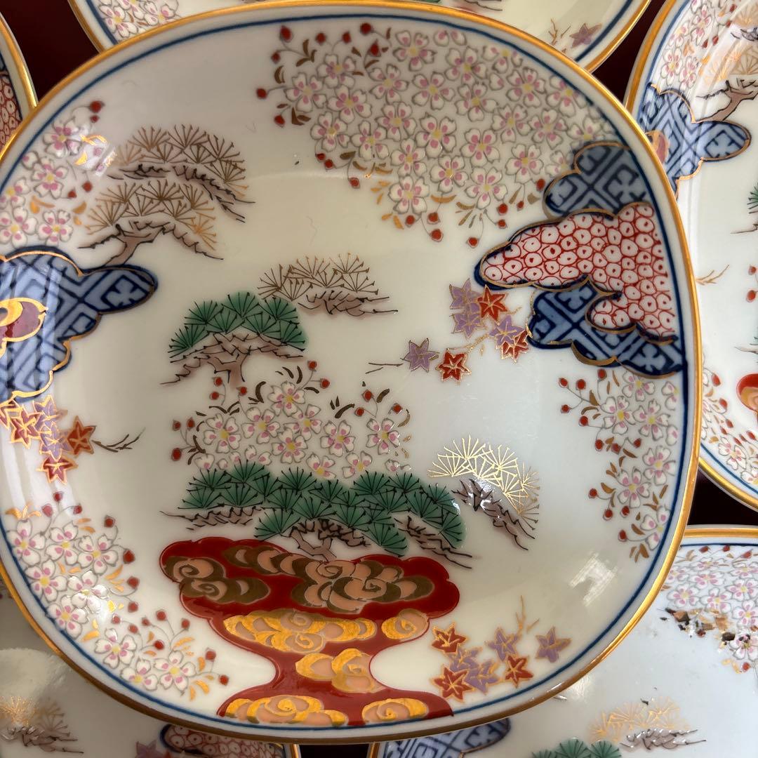 有田焼　賞美堂　其泉窯　春秋文　小皿揃　6枚セット　染錦　古伊万里　金彩　角皿