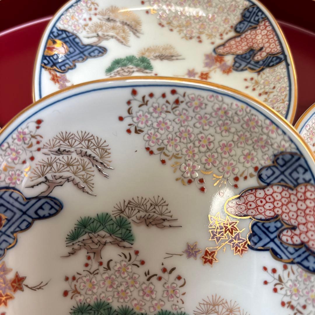 有田焼　賞美堂　其泉窯　春秋文　小皿揃　6枚セット　染錦　古伊万里　金彩　角皿