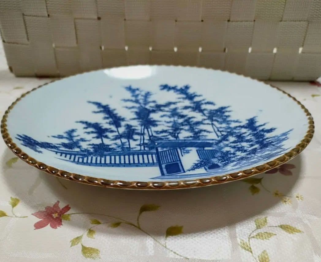 ○4899#0209　オールド香蘭社/アンティークイゲ皿(竹林と屋敷絵)0616