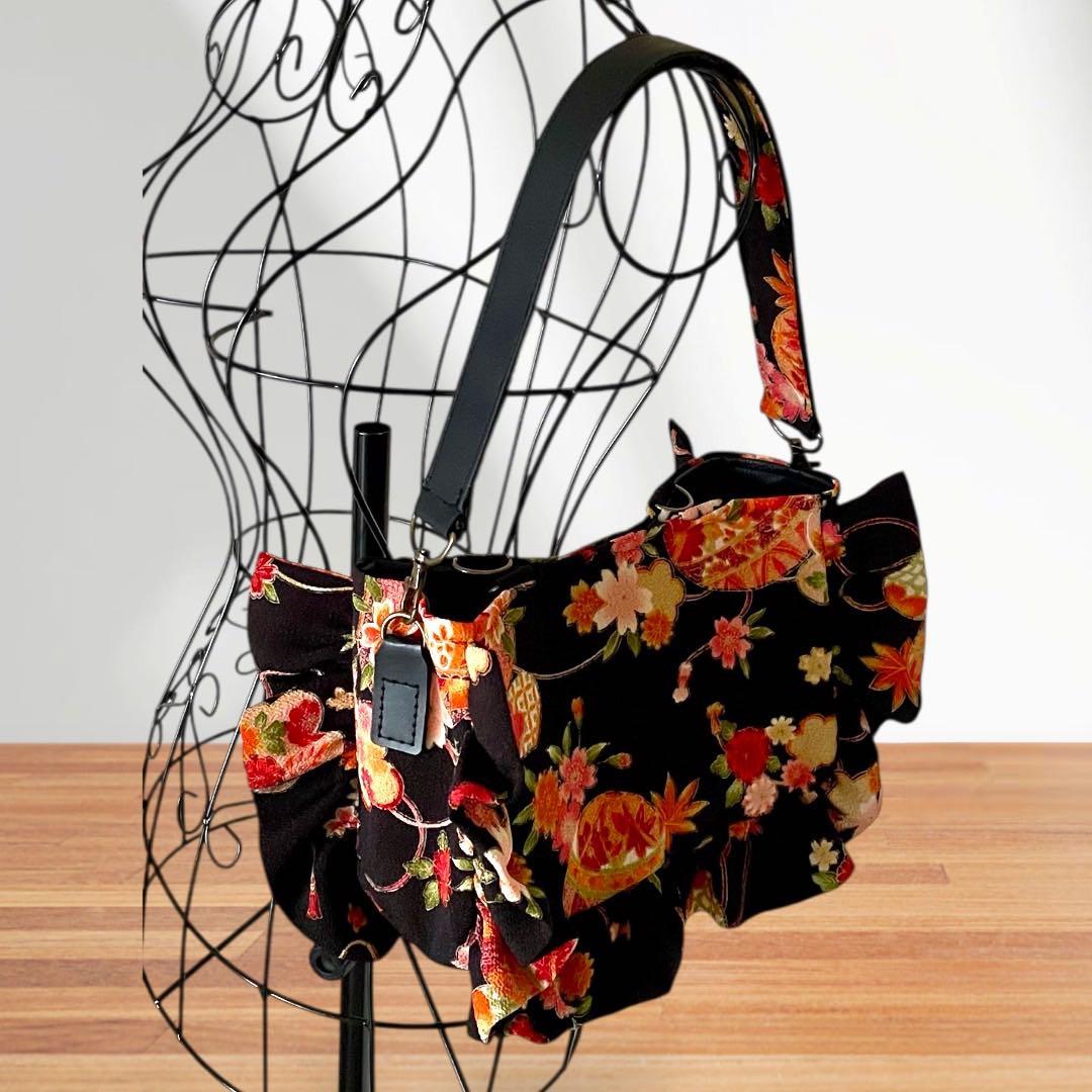 【1点のみ】2way和柄バッグ ブラック ショルダーバッグ ハンドバッグ