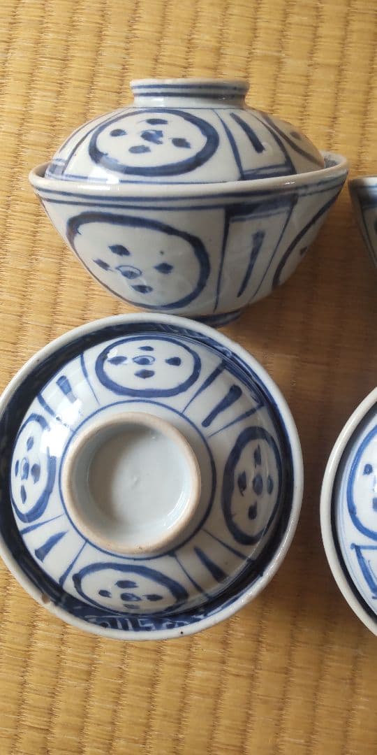 希少　古染付　染付　蓋茶碗4客　古伊万里　王地山焼　江戸時代