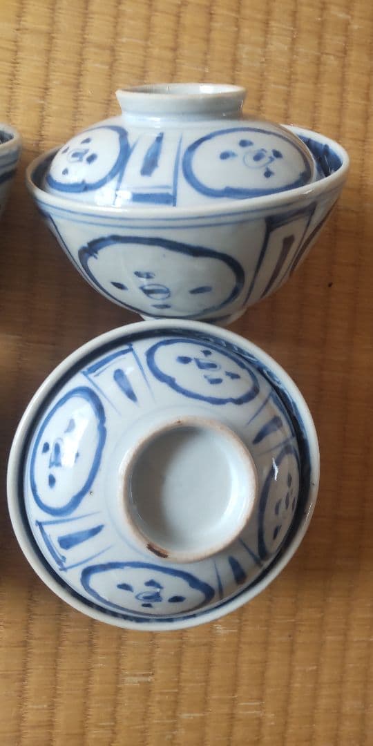 希少　古染付　染付　蓋茶碗4客　古伊万里　王地山焼　江戸時代