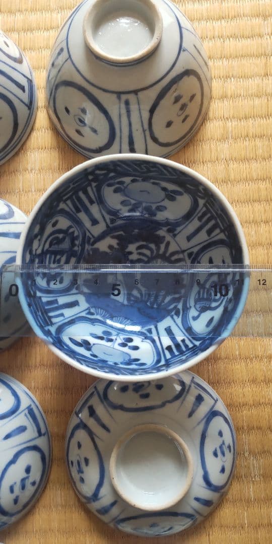 希少　古染付　染付　蓋茶碗4客　古伊万里　王地山焼　江戸時代