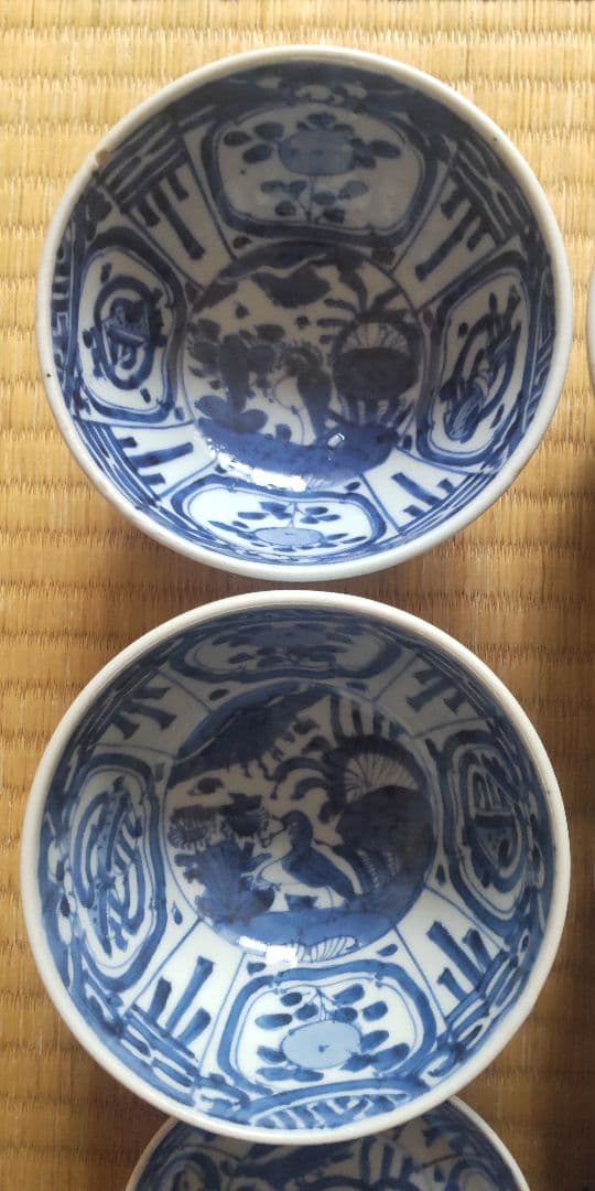 希少　古染付　染付　蓋茶碗4客　古伊万里　王地山焼　江戸時代