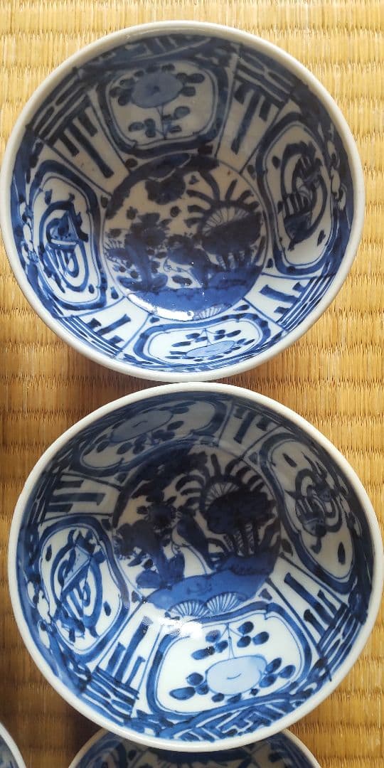 希少　古染付　染付　蓋茶碗4客　古伊万里　王地山焼　江戸時代