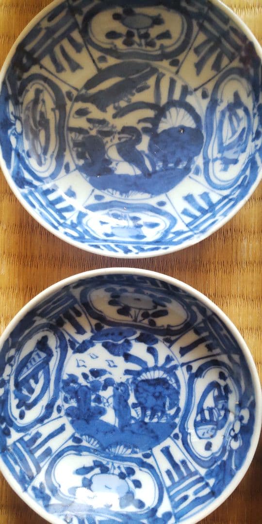 希少　古染付　染付　蓋茶碗4客　古伊万里　王地山焼　江戸時代