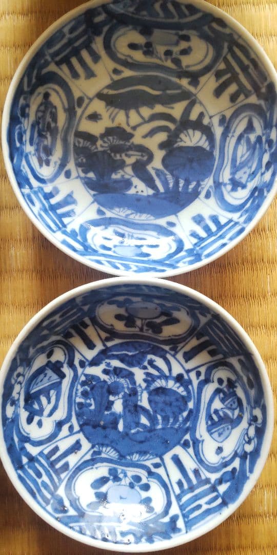 希少　古染付　染付　蓋茶碗4客　古伊万里　王地山焼　江戸時代