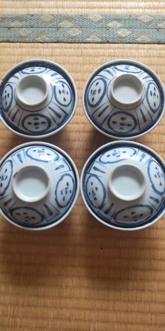 希少　古染付　染付　蓋茶碗4客　古伊万里　王地山焼　江戸時代