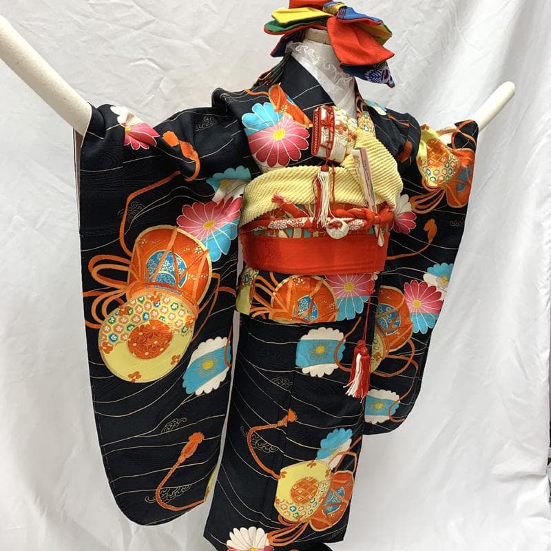 502ag6,楽々衿□七五三 小柄な七歳 セミアンティーク 女児 着物&丸帯