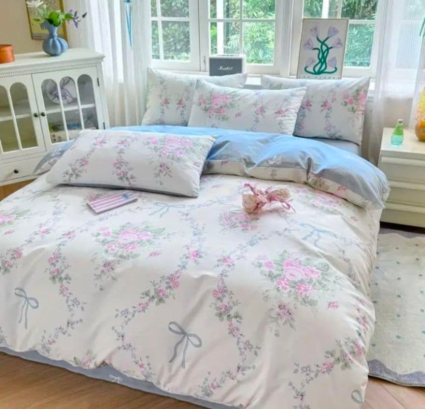 新品★薔薇とブルーリボンのメダリアン文様綿100%シングル掛け布団カバー枕カバー