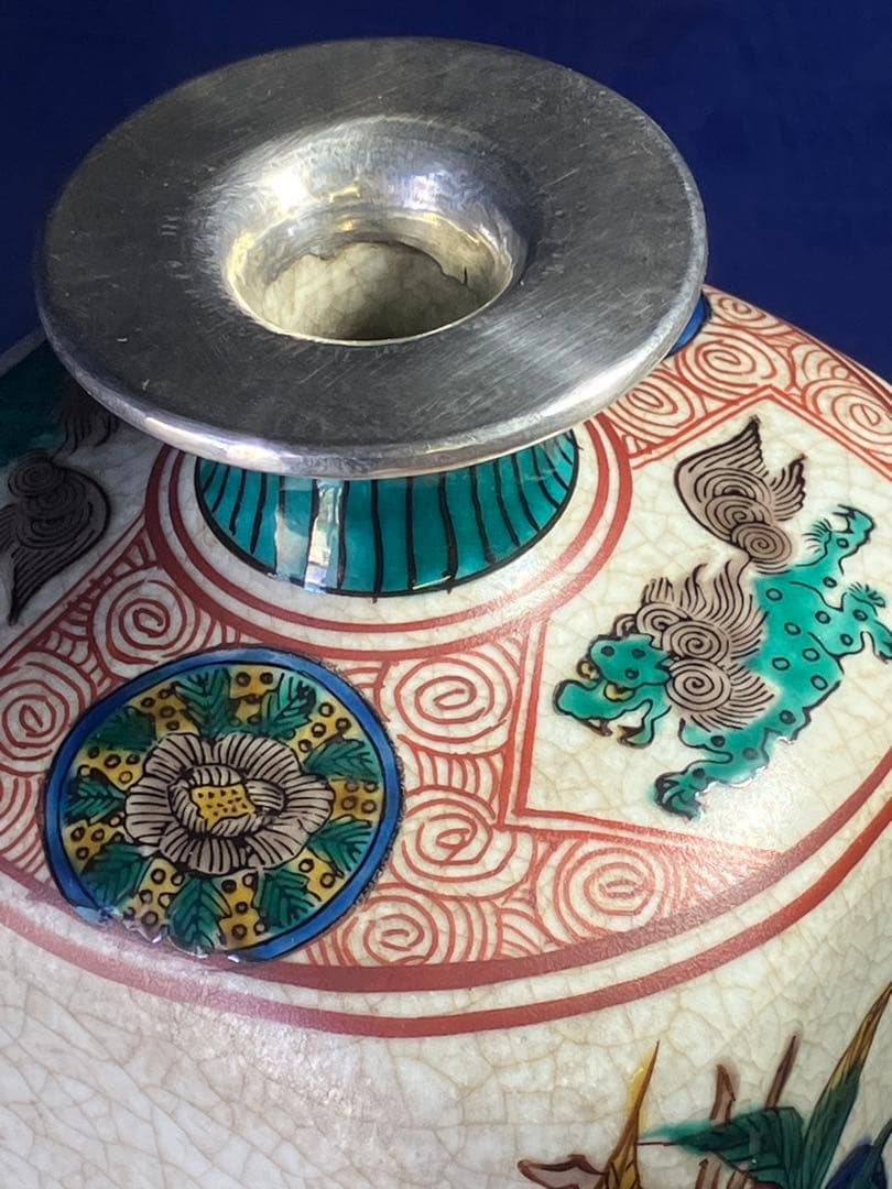 九谷焼　色絵花瓶　角福　花鳥図角型花瓶　銀修理品　レア　骨董品