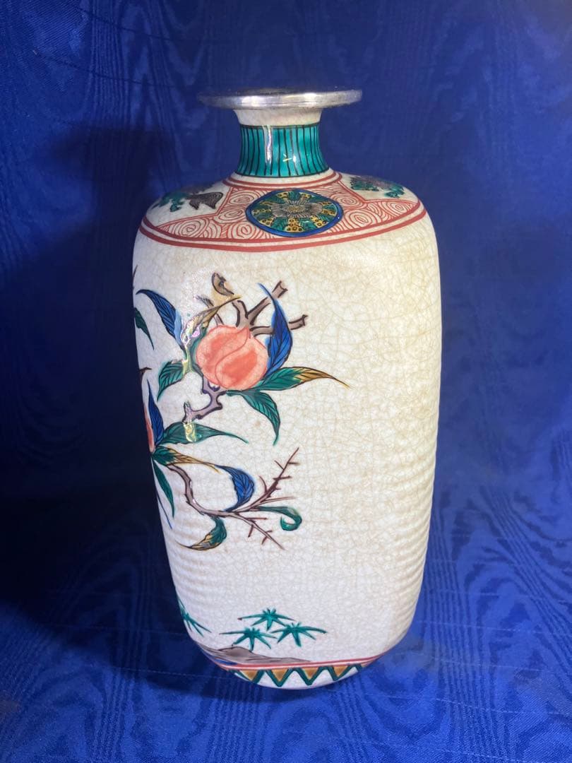 九谷焼　色絵花瓶　角福　花鳥図角型花瓶　銀修理品　レア　骨董品