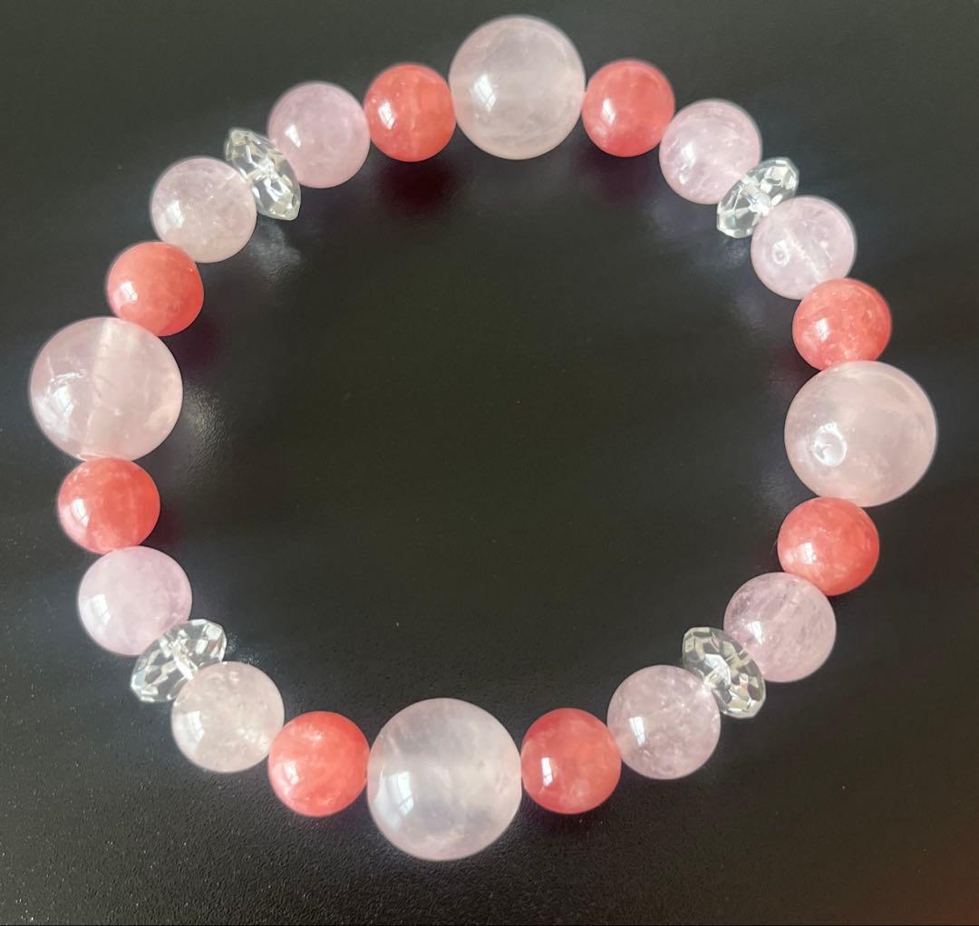 インカローズ×ローズクォーツ×水晶　愛と癒しの天然石ブレスレット　15.5cm