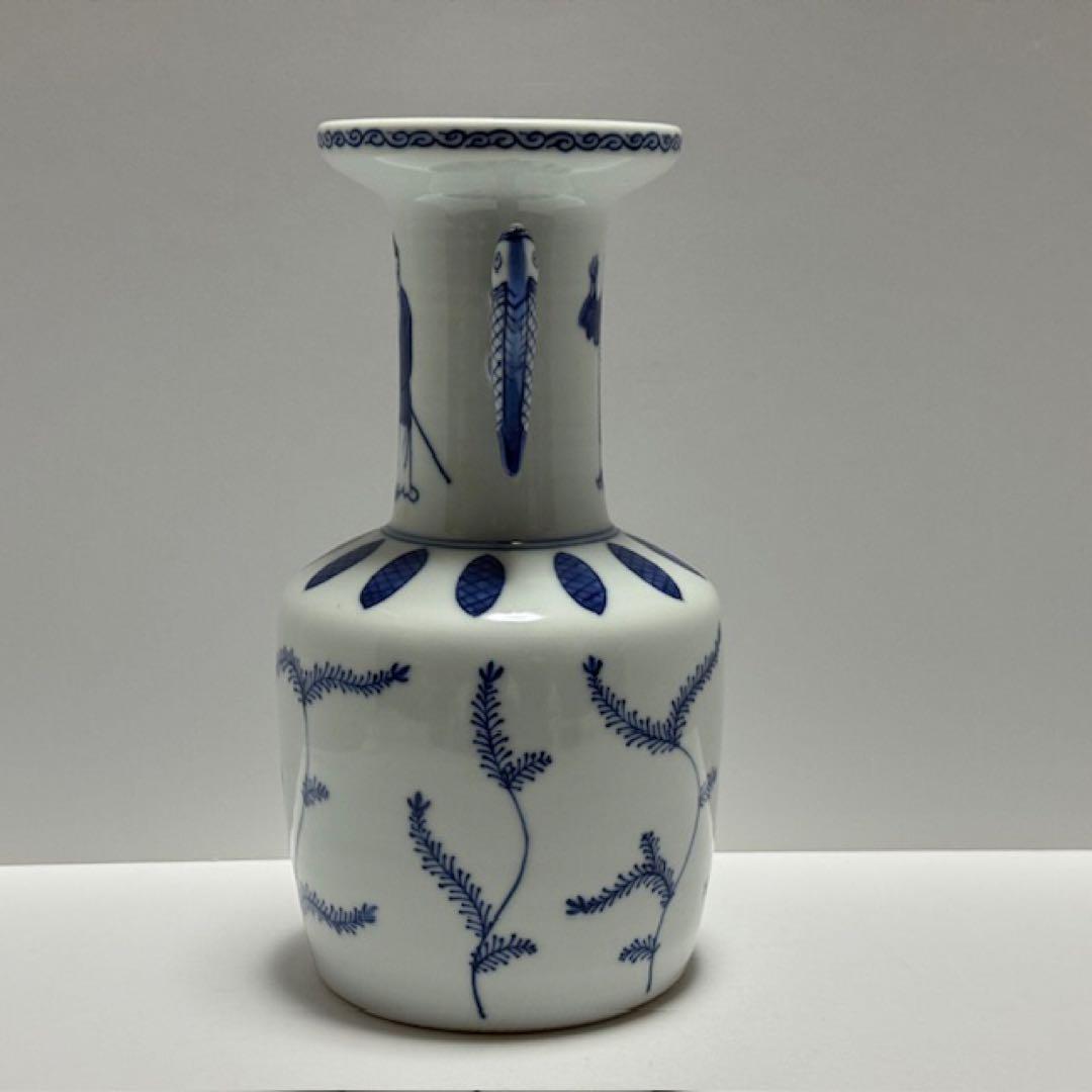 茶道具 四代 三浦竹泉 青華高砂花瓶 染付 花入 共箱 茶道