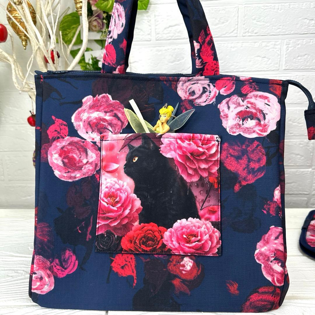 黒猫とバラのトートバッグ3点セット ハンドメイド