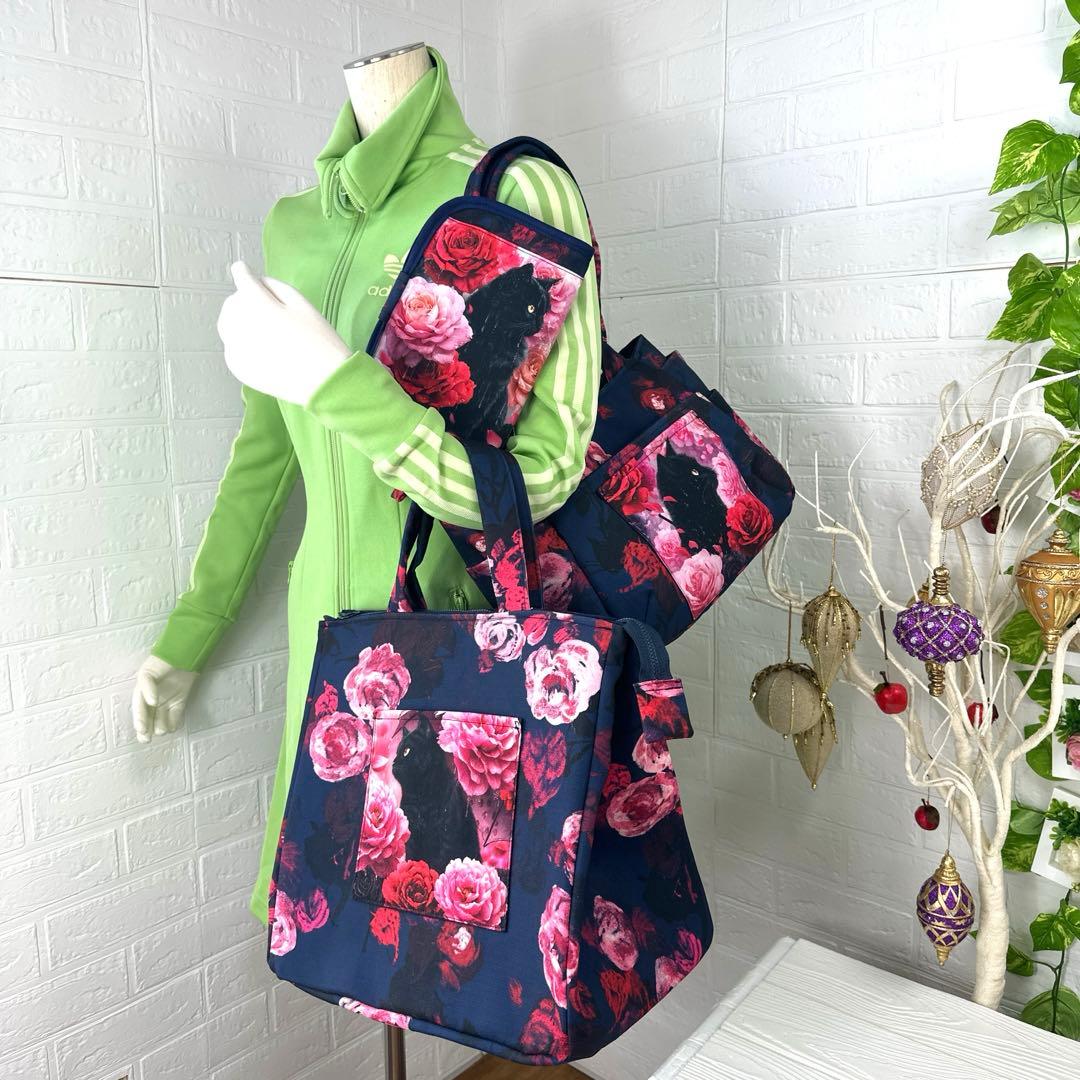 黒猫とバラのトートバッグ3点セット ハンドメイド