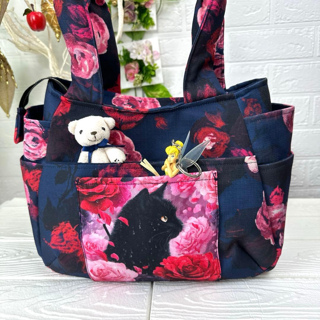 黒猫とバラのトートバッグ3点セット ハンドメイド