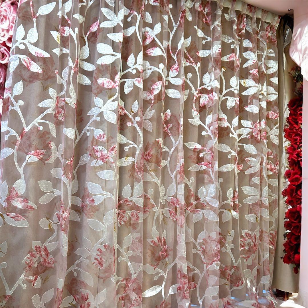 幅170cm レースカーテン 北欧 花柄 オーダーメイド ピンク フローラル 透