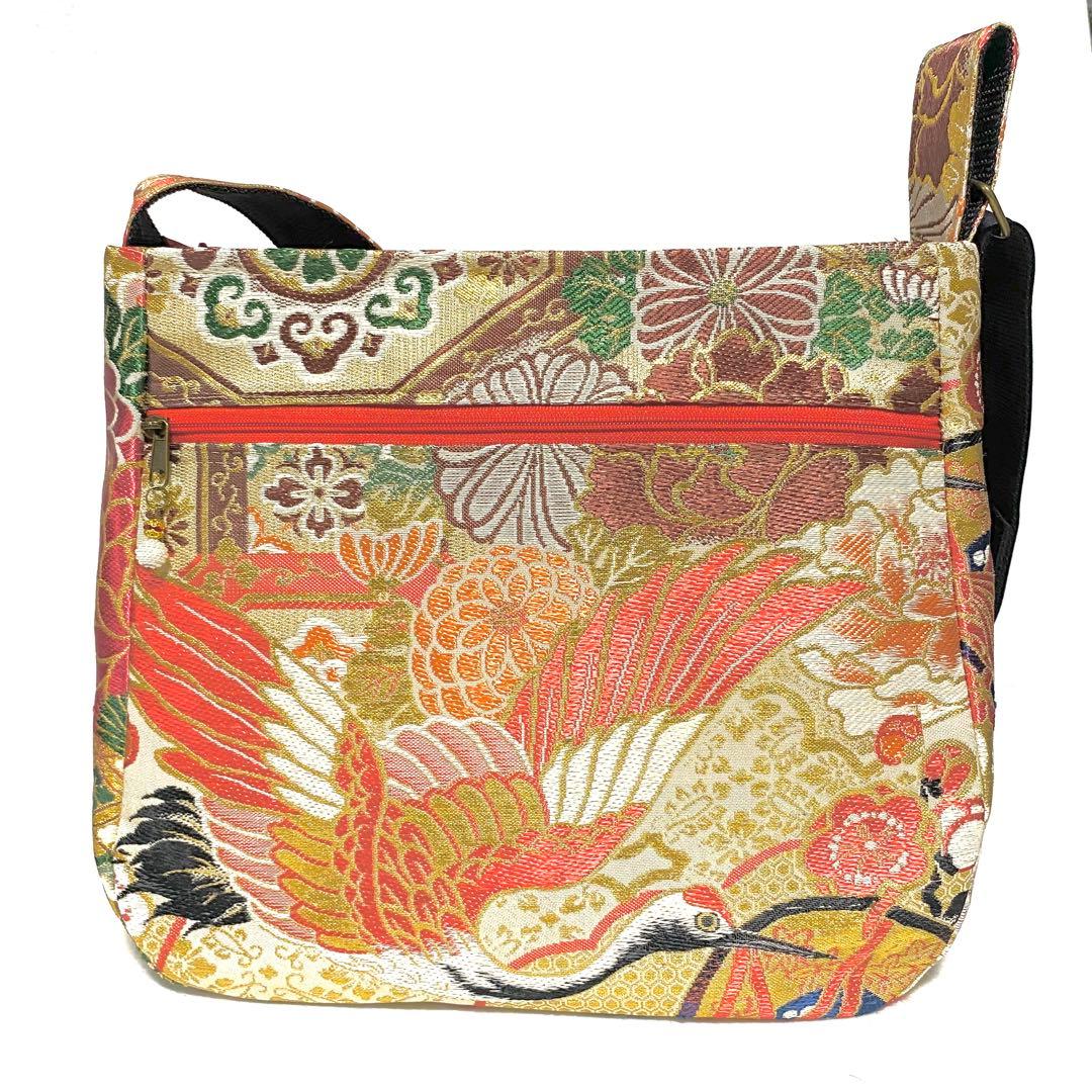 357 帯リメイク　牡丹と鶴のふっくらショルダーバッグ　匿名配送