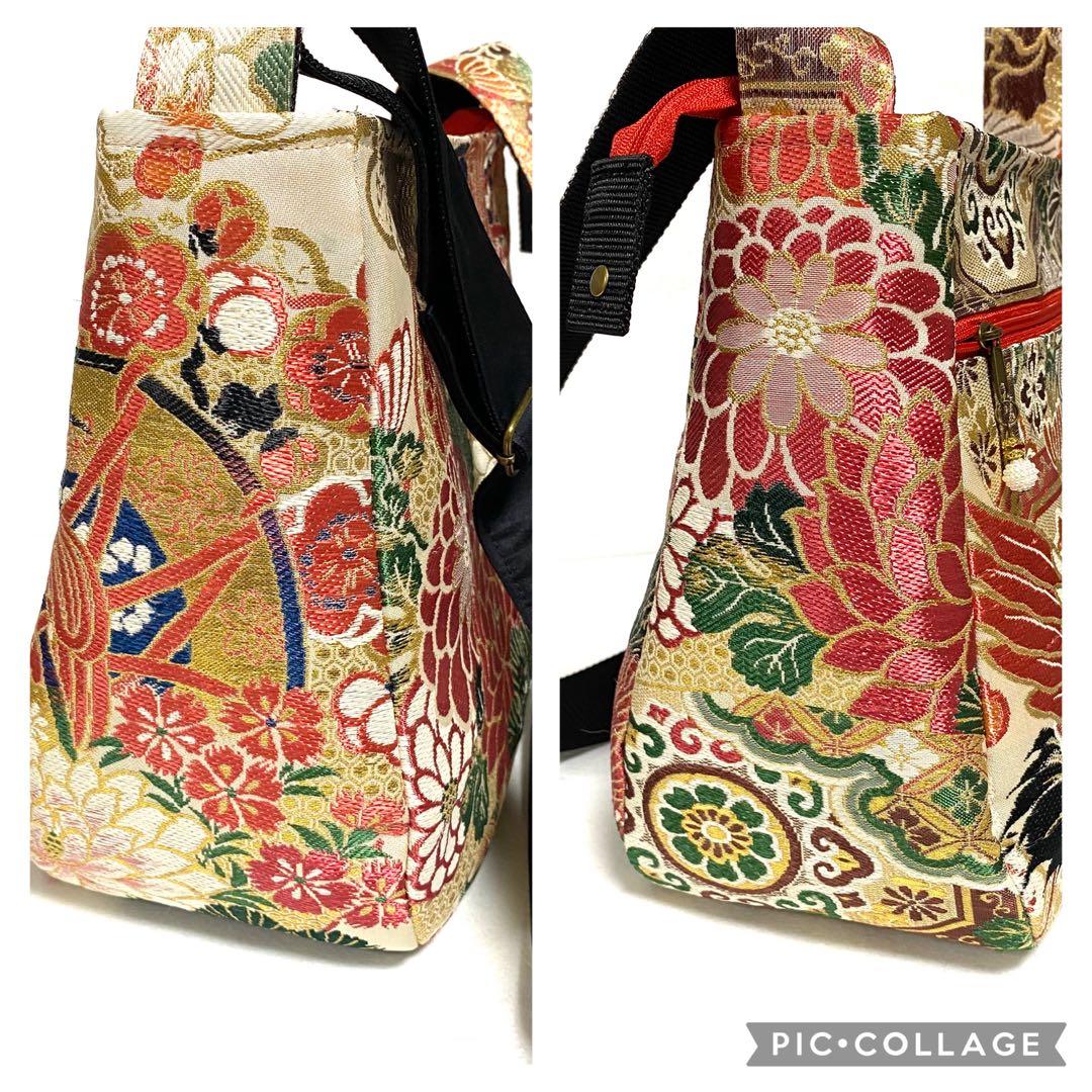 357 帯リメイク　牡丹と鶴のふっくらショルダーバッグ　匿名配送