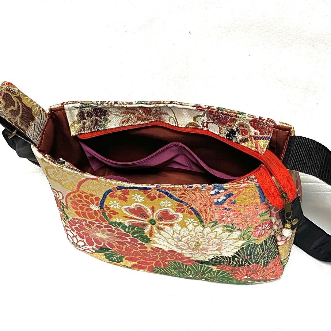 357 帯リメイク　牡丹と鶴のふっくらショルダーバッグ　匿名配送