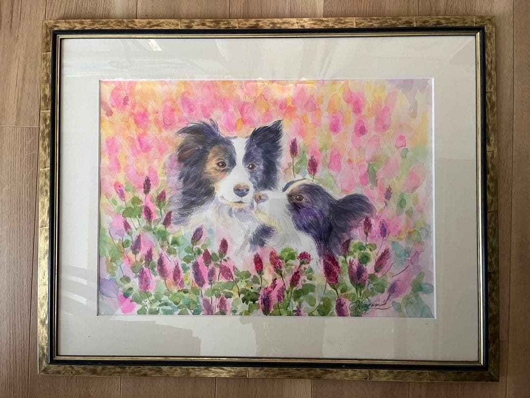 内緒話し　水彩画　ボーダーコリー