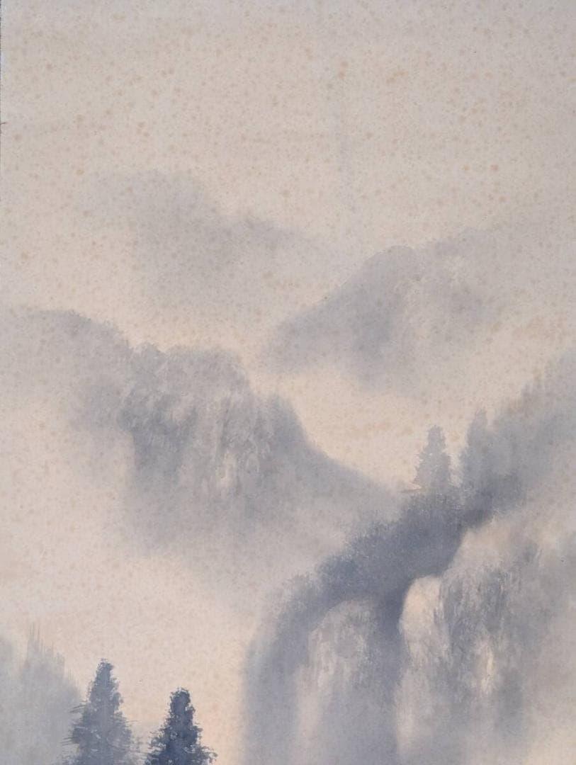 【真作】掛軸　水墨山水図　山間渓流図　古美術　茅葺き家屋風景　合箱入　U62