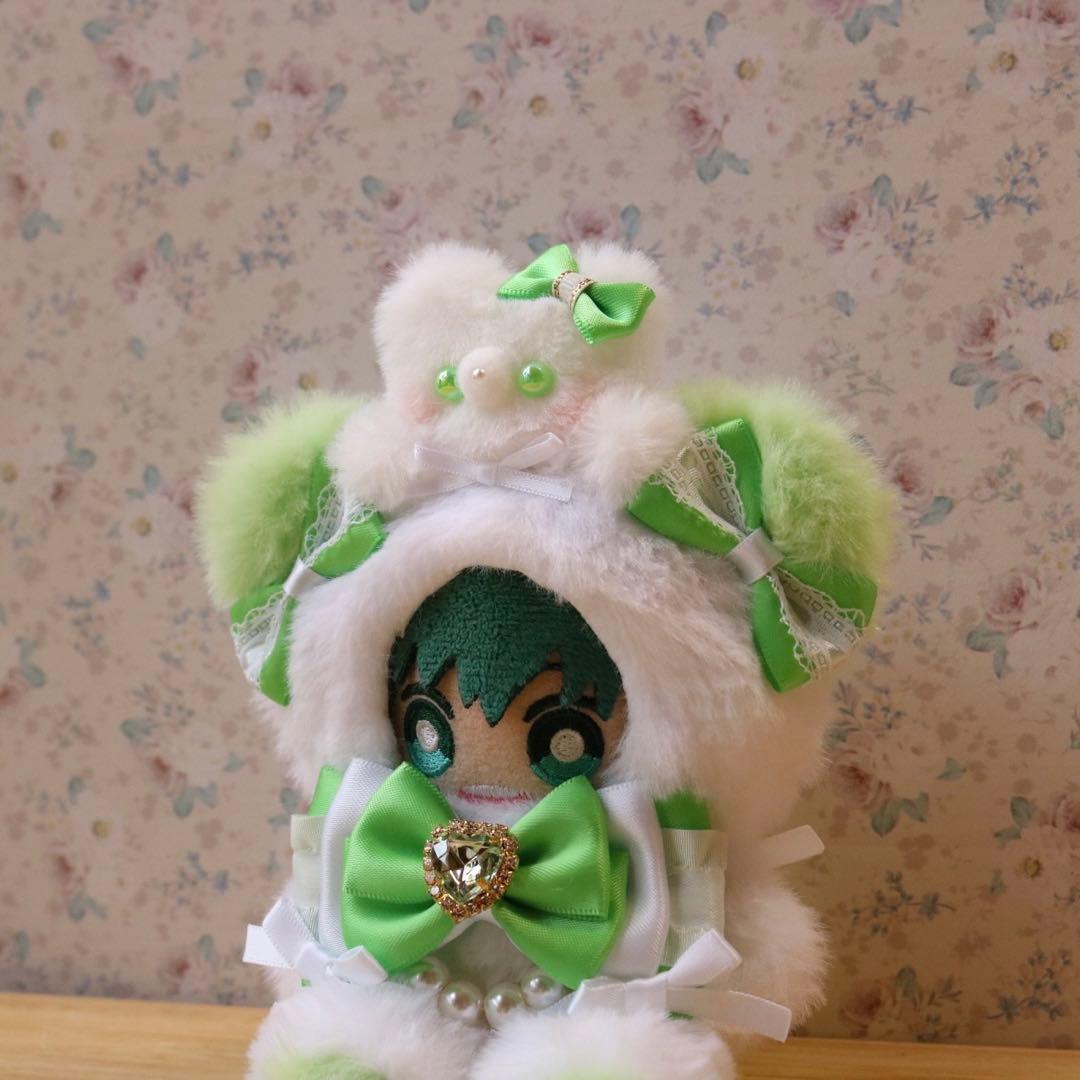 パールストラップ付き/くまさん乗せたくまさん10〜12cm.黄緑/おすわりぬい服