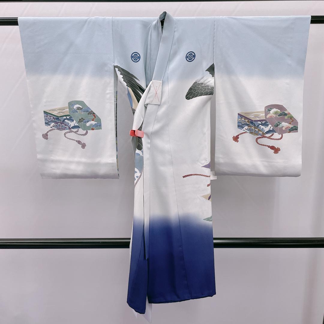 ★4157★ 七五三 男の子 着物 かけ着 男児 一つ身 ブルー系 紋入り