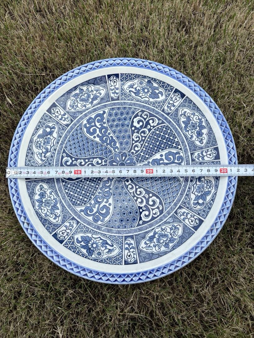 【大型32cm】染付 古伊万里風 区画文様 大皿｜飾り皿・盛皿・和骨董