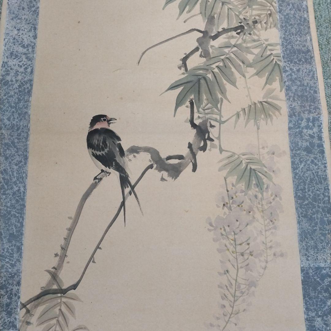 藤図 小禽図 掛軸 在銘 二顆印 166cm 時代物