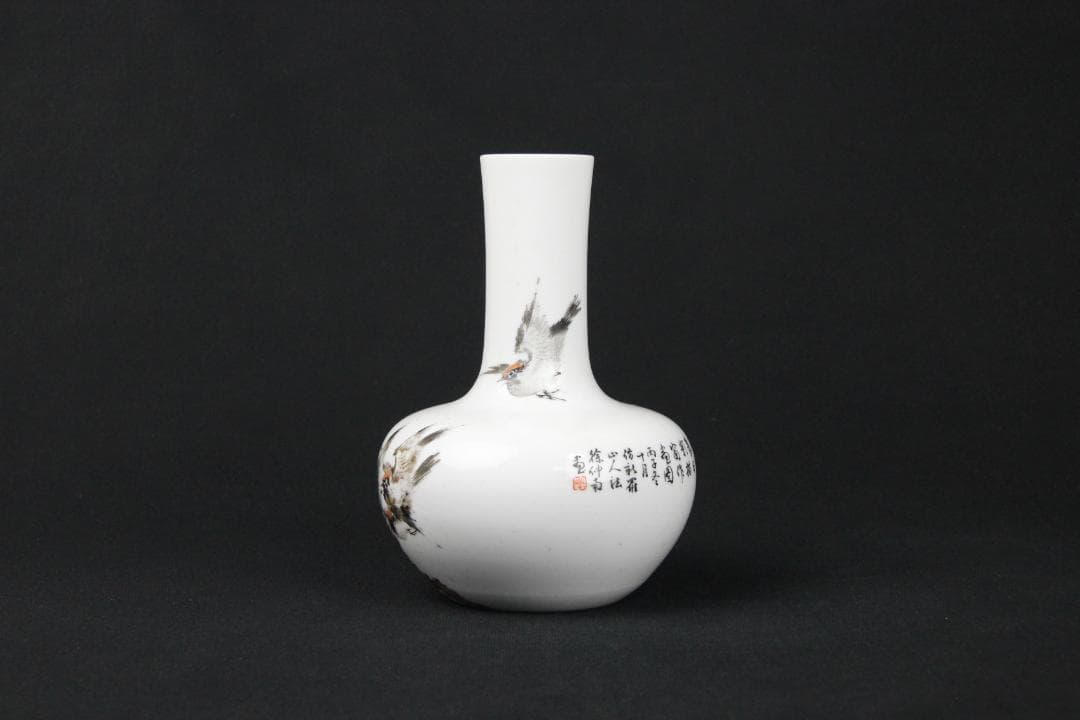 中国美術　仲南銘 民国 珠山八友 徐仲南 粉彩花鳥紋 花瓶 陶芸 FJM12-1