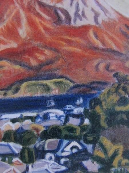 梅原　龍三郎、桜島（赤）、希少画集画、新品額装付