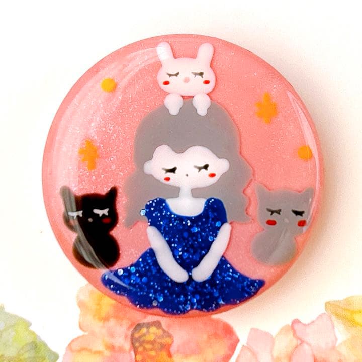 手書き　眠る3子たち　ヘアゴム　ブローチ　レジン　猫　うさぎ