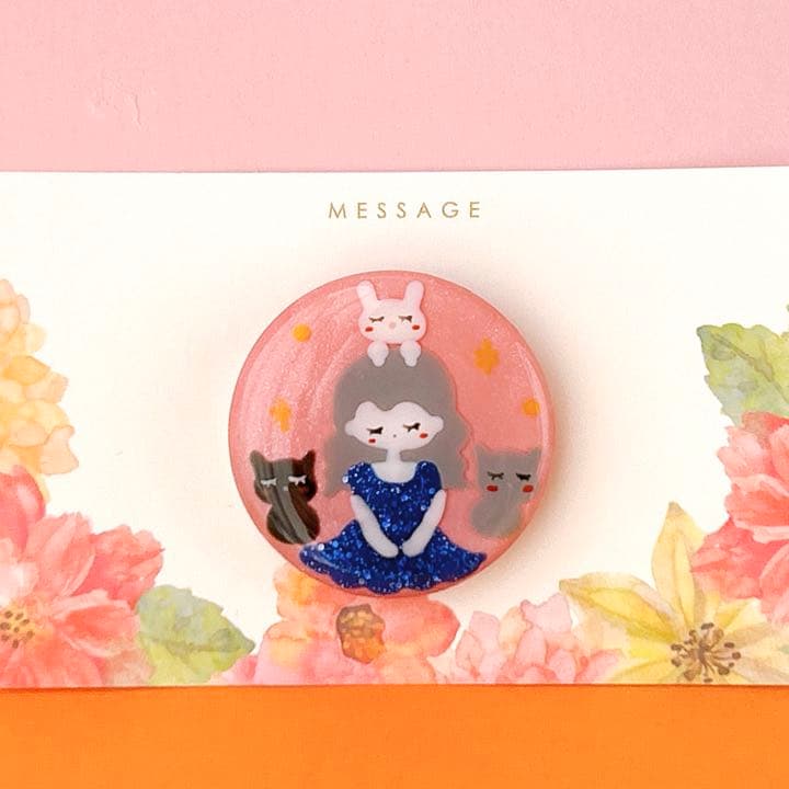 手書き　眠る3子たち　ヘアゴム　ブローチ　レジン　猫　うさぎ