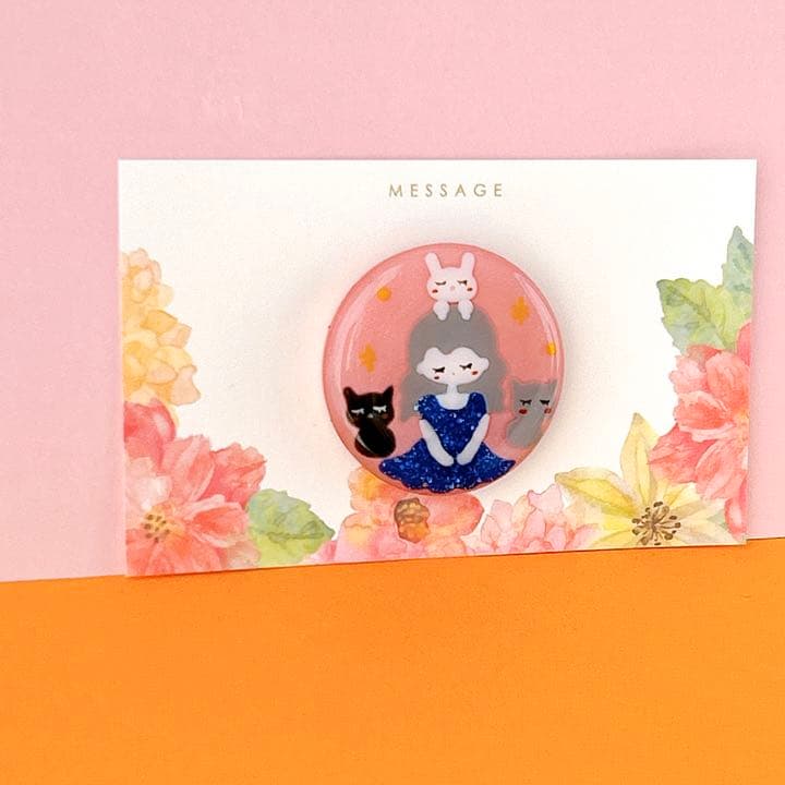 手書き　眠る3子たち　ヘアゴム　ブローチ　レジン　猫　うさぎ