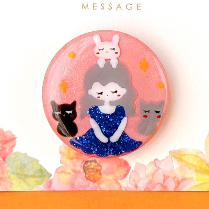 手書き　眠る3子たち　ヘアゴム　ブローチ　レジン　猫　うさぎ