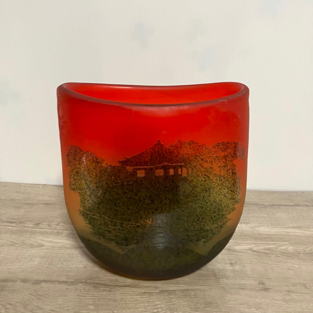 D-壁【芸術的逸品】中野良広 ヴィンテージ ガラス花瓶 風景刻印 オブジェ