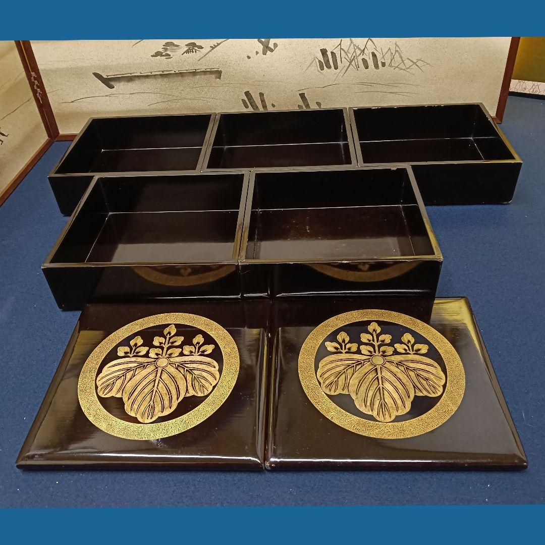 AOI 輪島塗 重箱 沈金 家紋 五七の桐紋 五段重 替蓋付 木箱入 木製漆塗