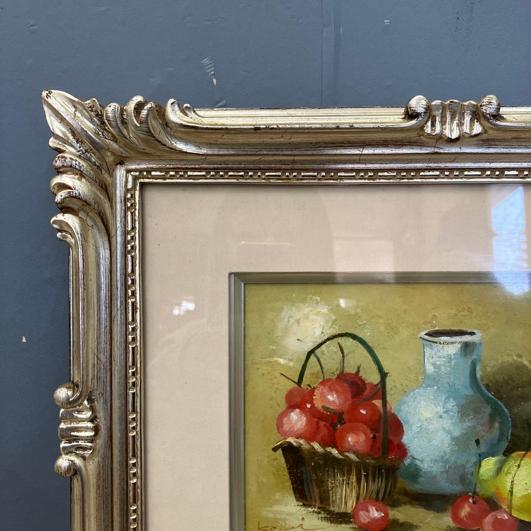 静物画 油彩画 「果物と花瓶」 サイン入り 額装 豪華額縁 アート 絵画