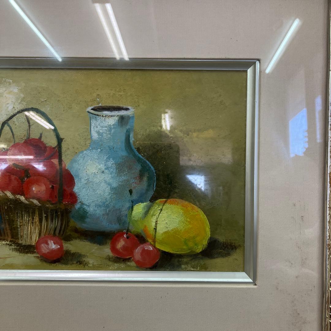 静物画 油彩画 「果物と花瓶」 サイン入り 額装 豪華額縁 アート 絵画