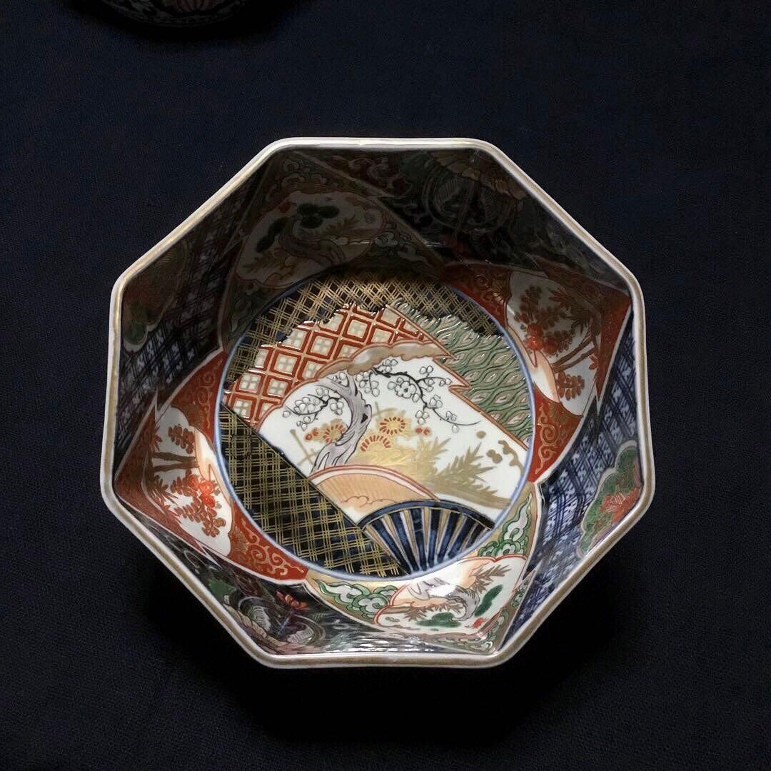 伊万里焼 色絵 草花紋様 八角 七寸深鉢 /骨董/時代物